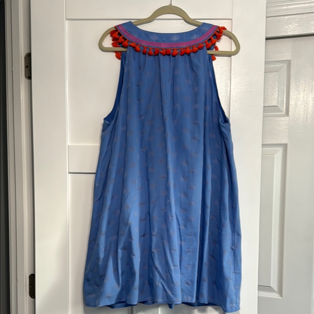Blue Sleeveless womens Dress with orange tassel Accents - Picture 6 of 7